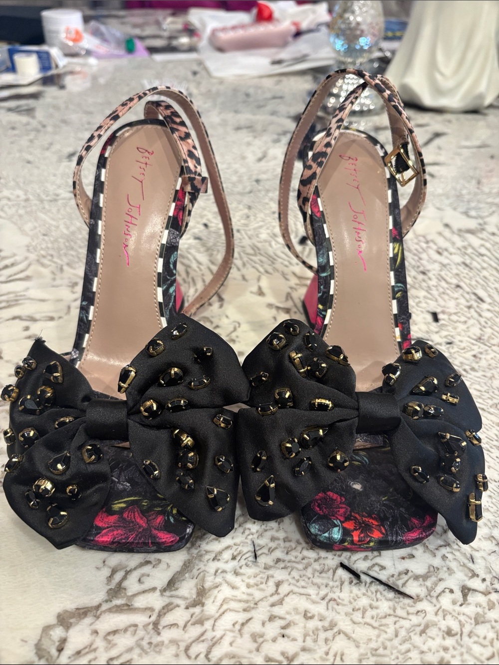 Betsey Johnson Black Studded Bow Floral Slingback Heels